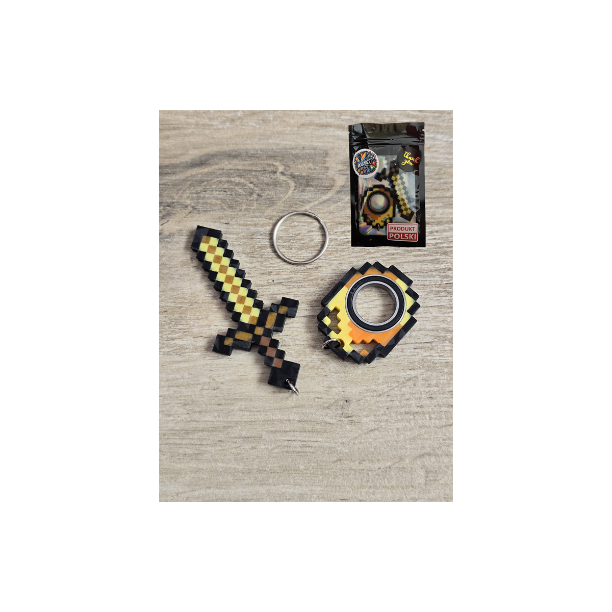 Złoty Zestaw KeySpinner + Miecz Minecraft - Brelok Druk3d fidget