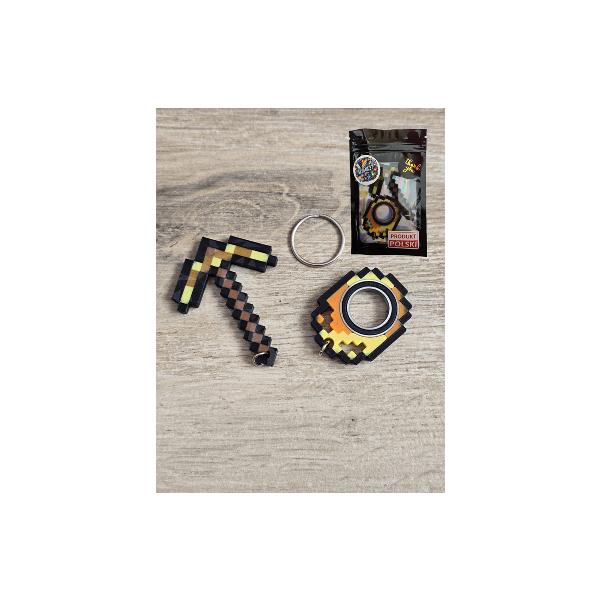 Złoty Zestaw KeySpinner + Kilof Minecraft - Brelok Druk3d fidget