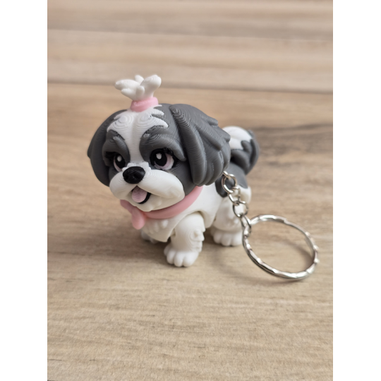 Breloczek Shih Tzu z kitką Szary 3D - Brelok Druk3d fidget Keychain